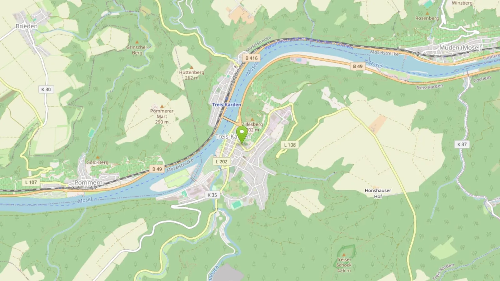 Map excerpt: Treis-Karden on the Moselle, with the B 49, B 416 and the Moselle railway line